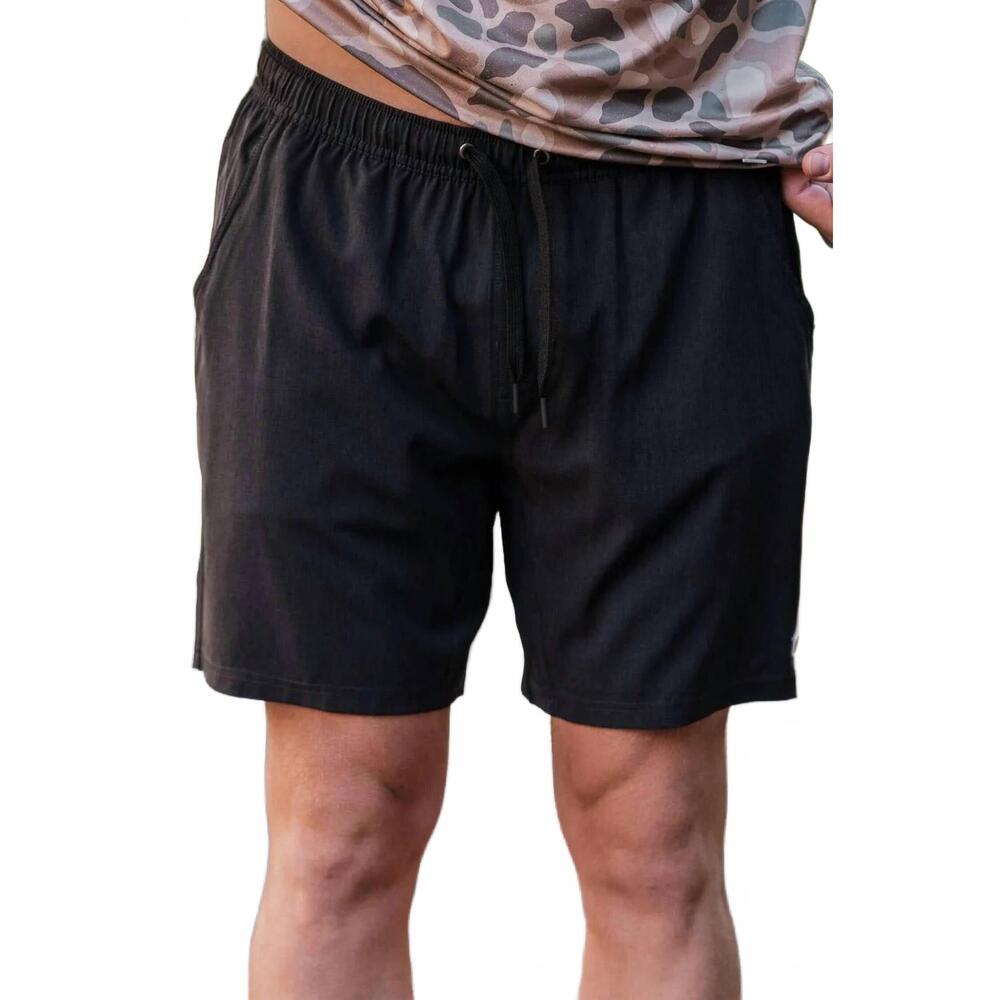NEW BURLEBO active athletic shorts in heather black - retro duck camo liner